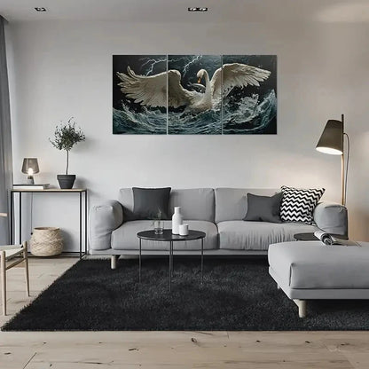 3pcs Nature Scene with Lightning & Waves Swan Metal Print Ready to Hang Art
