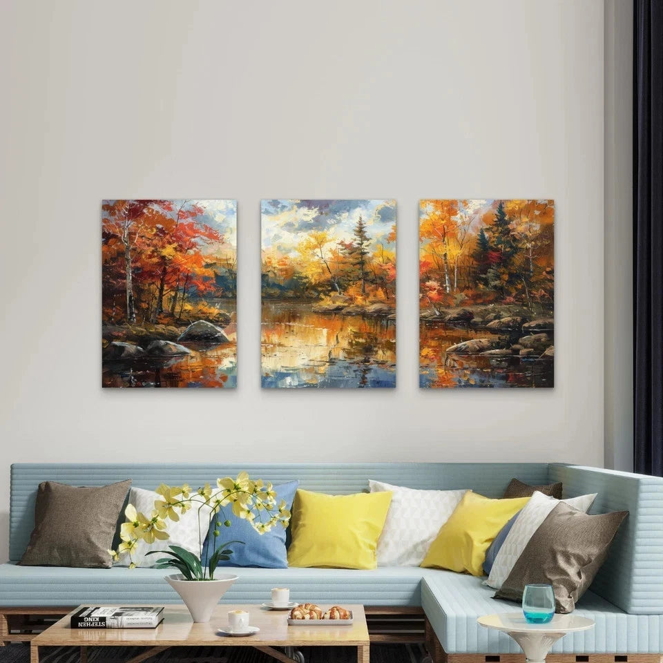 3pcs Vibrant Impressionist Autumn Forest Wall Art Set Canvas Framed 50x70cm - High Quality Print 100% Australian Made Wall Canvas Ready to Hang