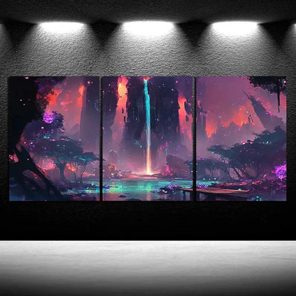 3pcs Fantasy Waterfall and Wooden Bridge Scenery Metal Print Ready to Hang Art