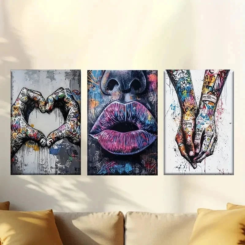 3pcs City street graffiti hand in hand Wall Art Set Canvas Framed 40x60cm - High Quality Print 100% Australian Made Wall Canvas Ready to Hang