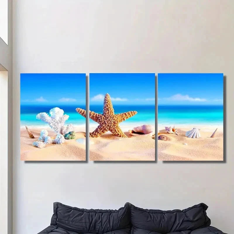3pcs Beach Scene Starfish & Seashells Triptych Metal Print Ready to Hang Art