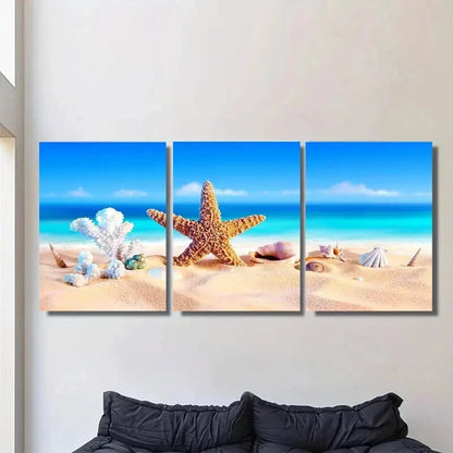 3pcs Beach Scene Starfish & Seashells Triptych Metal Print Ready to Hang Art