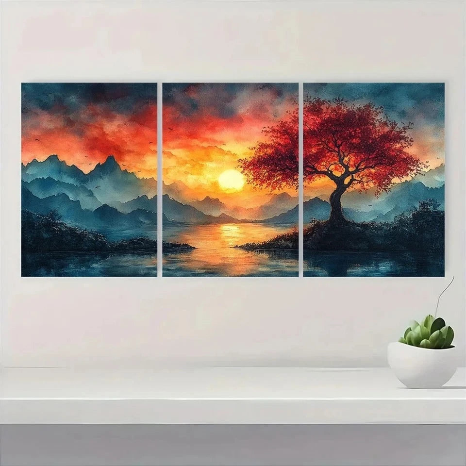 3pcs Beautiful Panoramic Sunset Watercolor Metal Print Ready to Hang Art