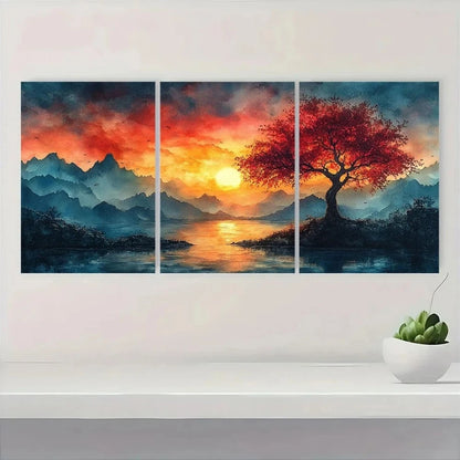 3pcs Beautiful Panoramic Sunset Watercolor Metal Print Ready to Hang Art