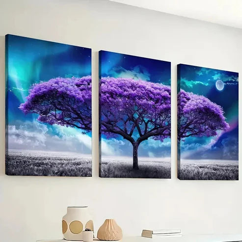3pcs Purple Tree Life Under Starry Sky Perfect Wall Art Canvas Unframed - High Quality Print 100% Australian Made Wall Canvas