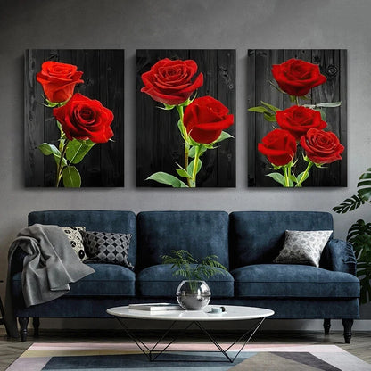 3pcs Beautiful Red Roses Green Leaves Metal Print Ready to Hang Art