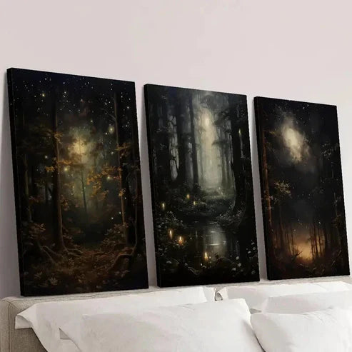 3pcs Gothic Night Sky & Mysterious Woodland Wall Art Set Canvas Unframed - High Quality Print 100% Australian Made Wall Canvas