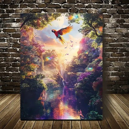 Vibrant Parrot in Magical Forest Scene Painting  40x60cm Metal Print Ready to Hang