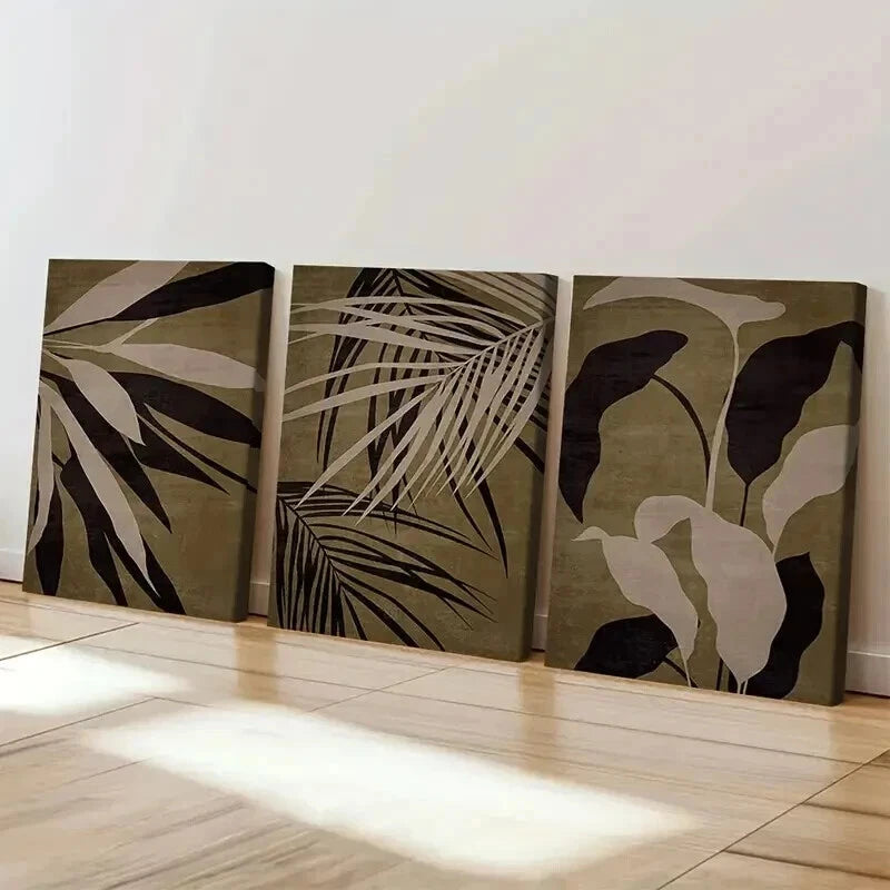 3pcs  Abstract Brown Tropical Leaf Print Wall Art Set Canvas Framed 40x60cm - High Quality Print 100% Australian Made Wall Canvas Ready to Hang