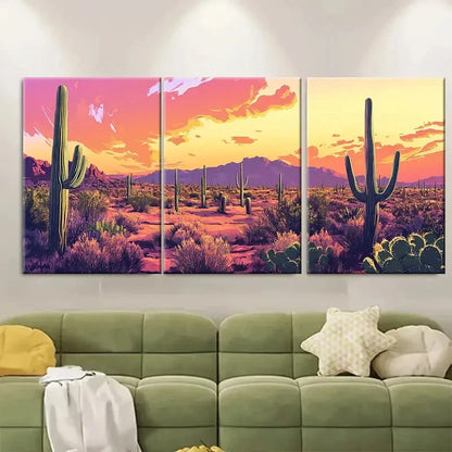 3pcs Vibrant Sunset & Cactus Scene Metal Print Ready to Hang Art