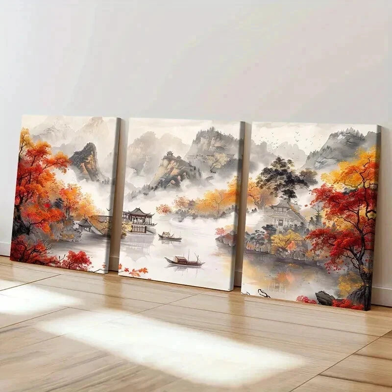 3pcs Chinese Autumn Mountain & River Scene Wall Art Set Canvas Framed 40x60cm - High Quality Print 100% Australian Made Wall Canvas Ready to Hang