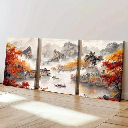 3pcs Chinese Autumn Mountain & River Scene Wall Art Set Canvas Framed 40x60cm - High Quality Print 100% Australian Made Wall Canvas Ready to Hang