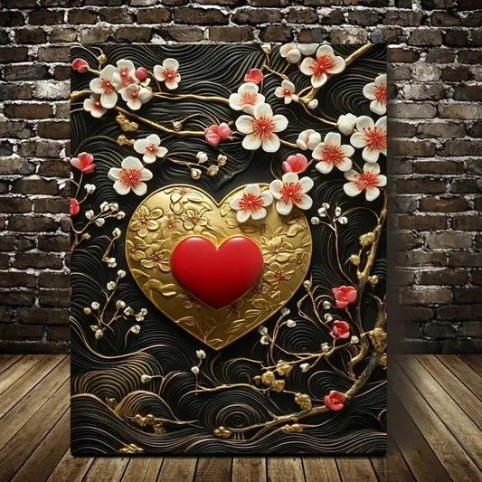 Beautiful Heart Blossoms Golden Painting 40x60cm Metal Print Ready to Hang