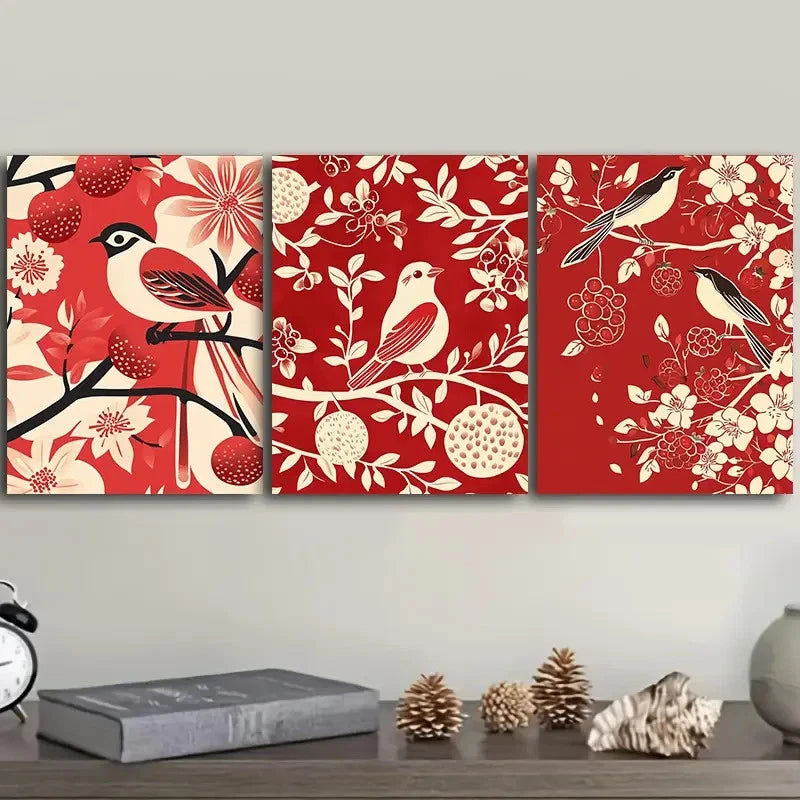 3pcs Three Red Panels with Birds and Flowers Wall Art Set Canvas Framed 50x70cm - High Quality Print 100% Australian Made Wall Canvas Ready to Hang