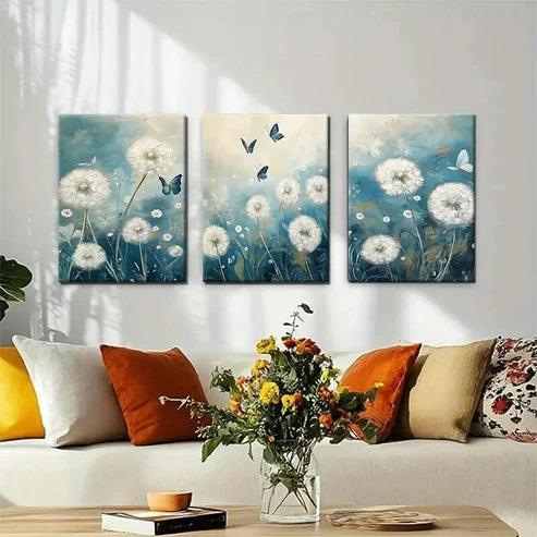 3pcs Blue and White Dandelion and Butterfly Wall Art Set Canvas Unframed - High Quality Print 100% Australian Made Wall Canvas