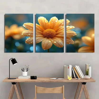 3pcs Vibrant Daisy Blue Water Drops Metal Print Ready to Hang Art