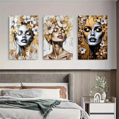 3pcs Golden And White Accent Women Décor Perfect Wall Art Set Canvas Framed 40x60cm - High Quality Print 100% Australian Made Wall Canvas Ready to Hang