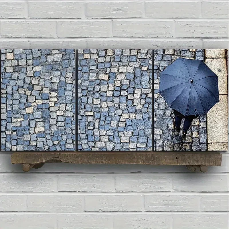 3pcs People Holding Blue Umbrellas Rainy Streets Metal Print Ready to Hang Art