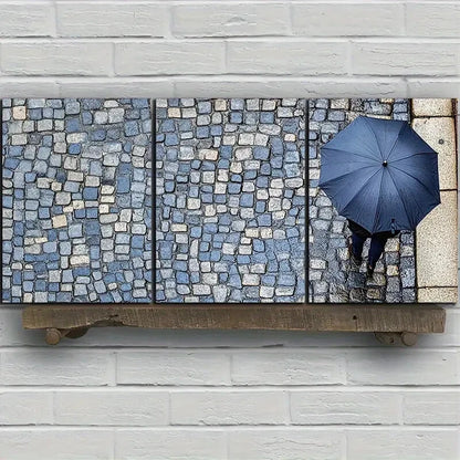 3pcs People Holding Blue Umbrellas Rainy Streets Metal Print Ready to Hang Art