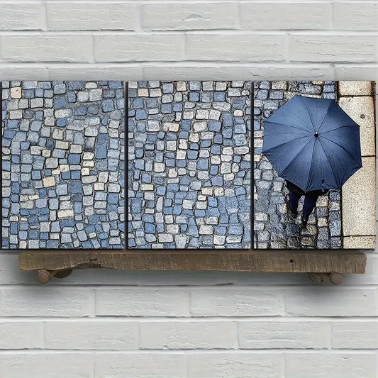 3pcs People Holding Blue Umbrellas Rainy Streets Metal Print Ready to Hang Art