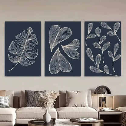 3pcs Dark Blue Minimal Sketch Leaves Metal Print Ready to Hang Art