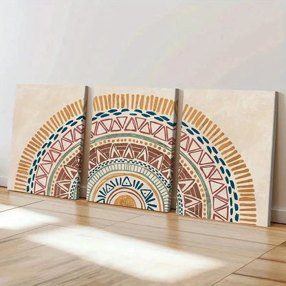 3pcs Bohemian Blue Green Orange & White Patterns Wall Art Set Canvas Framed 40x60cm - High Quality Print 100% Australian Made Wall Canvas Ready to Hang