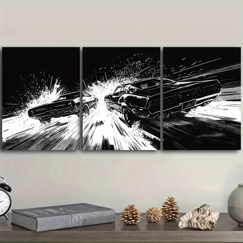 3pcs Black & White Design sports car race Wall Art Set Canvas Framed 60x90cm - High Quality Print 100% Australian Made Wall Canvas Ready to Hang