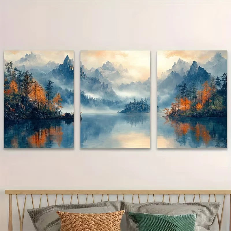 3pcs Sophisticated Chinese Landscape Metal Print Ready to Hang Art
