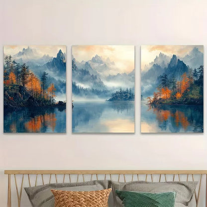 3pcs Sophisticated Chinese Landscape Metal Print Ready to Hang Art