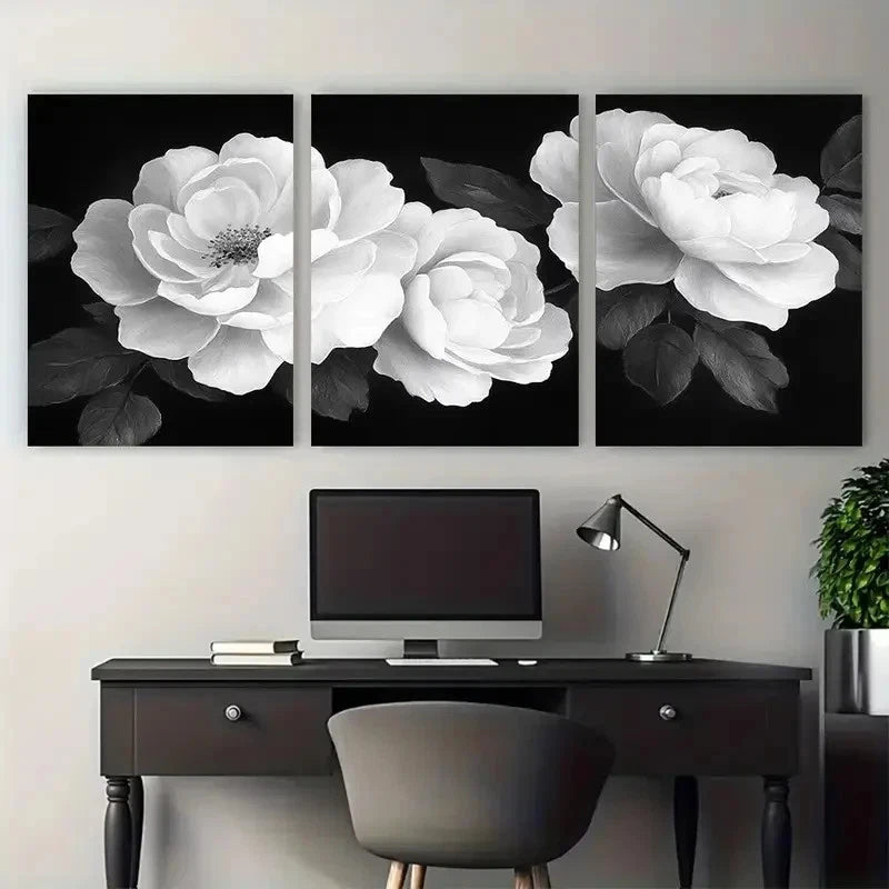 3pcs Black And White Floral Rose Décor Perfect Wall Art Set Canvas Framed 40x60cm - High Quality Print 100% Australian Made Wall Canvas Ready to Hang