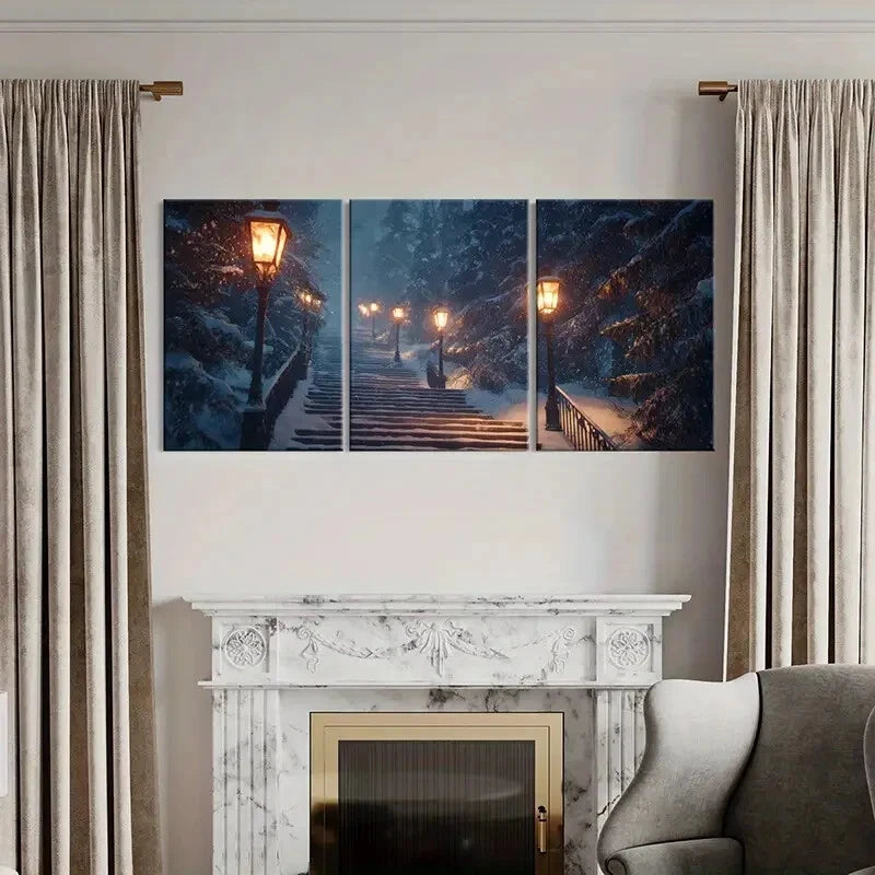 3pcs Winter Wonderland Staircase Snowy Night Metal Print Ready to Hang Art