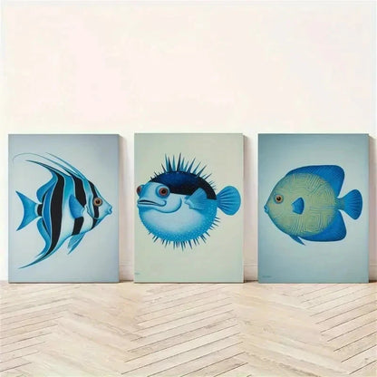3pcs Blue Fish Animal Decorative Painting Metal Print Ready to Hang Art