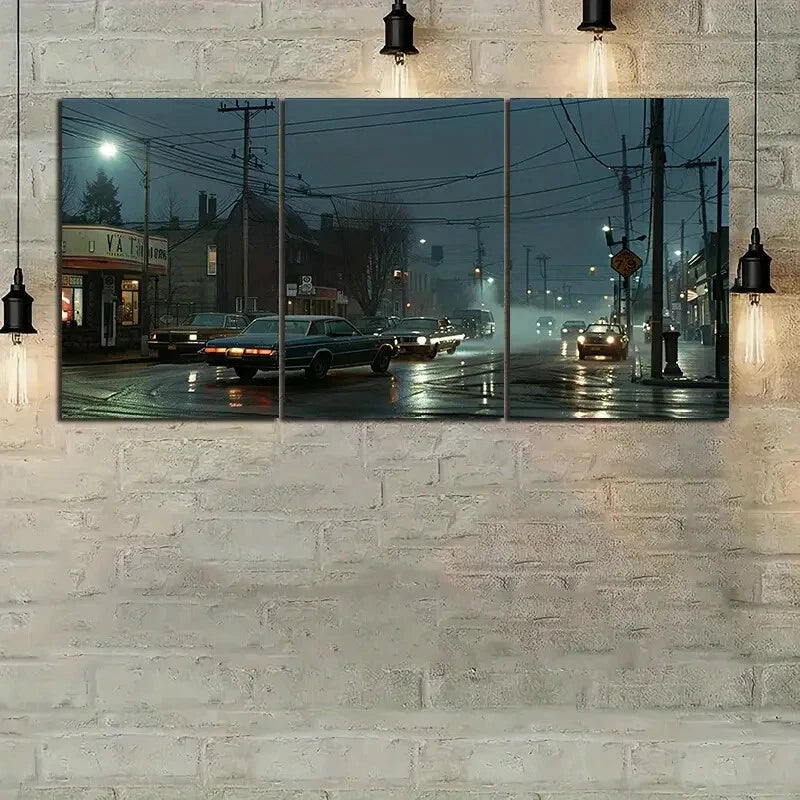 3pcs Night View City Vintage Car Metal Print Ready to Hang Art