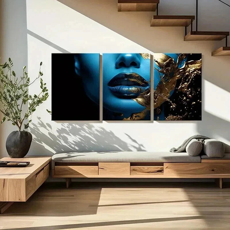 3pcs Golden Lips Abstract Blue Face Wall Art Set Canvas Framed 40x60cm - High Quality Print 100% Australian Made Wall Canvas Ready to Hang