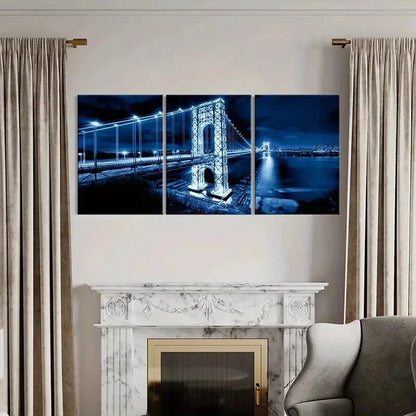3pcs Blue Brooklyn Bridge Night Cityscape Wall Art Set Canvas Framed 40x60cm - High Quality Print 100% Australian Made Wall Canvas Ready to Hang