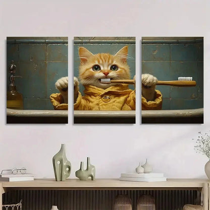 3pcs Whimsical Cat Bathrobe Brushing Teeth Metal Print Ready to Hang Art