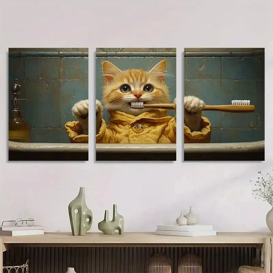 3pcs Whimsical Cat Bathrobe Brushing Teeth Metal Print Ready to Hang Art