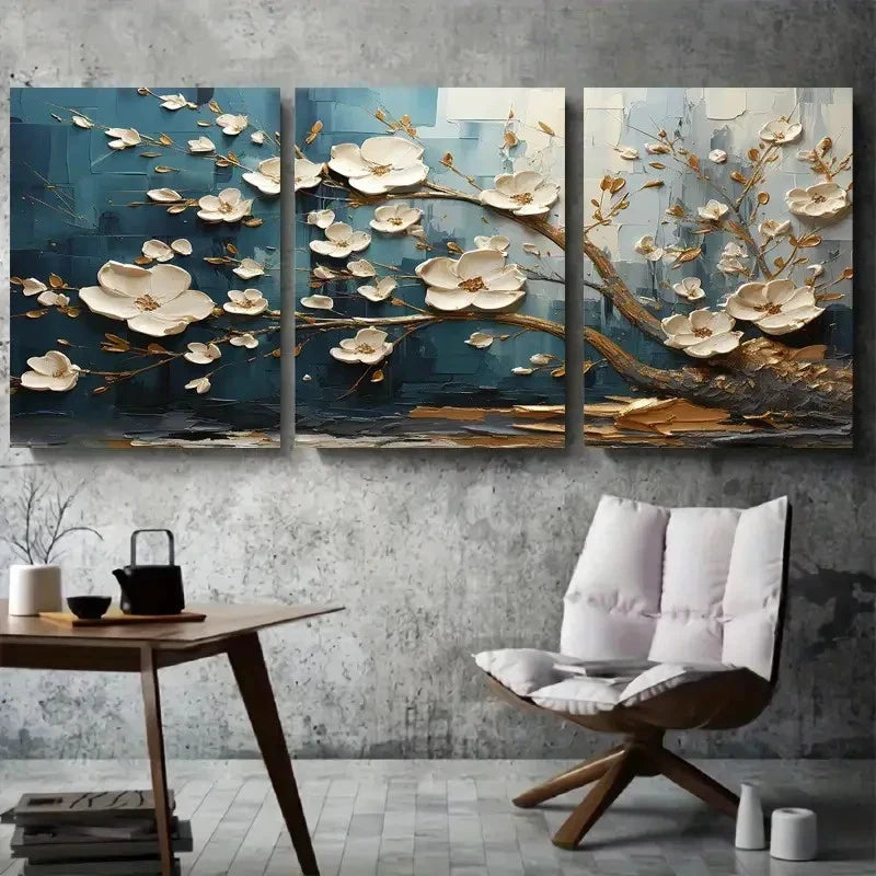 3pcs Elegant White and Golden Floral Blue Metal Print Ready to Hang Art