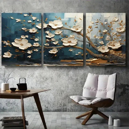 3pcs Elegant White and Golden Floral Blue Metal Print Ready to Hang Art