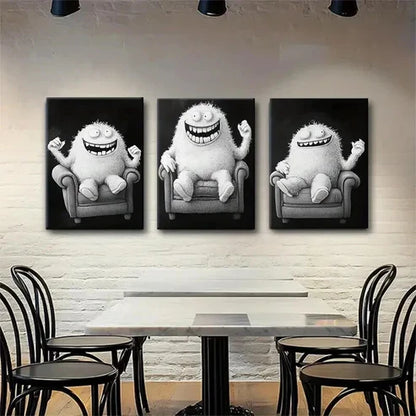3pcs Funny Monster Playful Black & White Wall Art Canvas Unframed - High Quality Print 100% Australian Made Wall Canvas