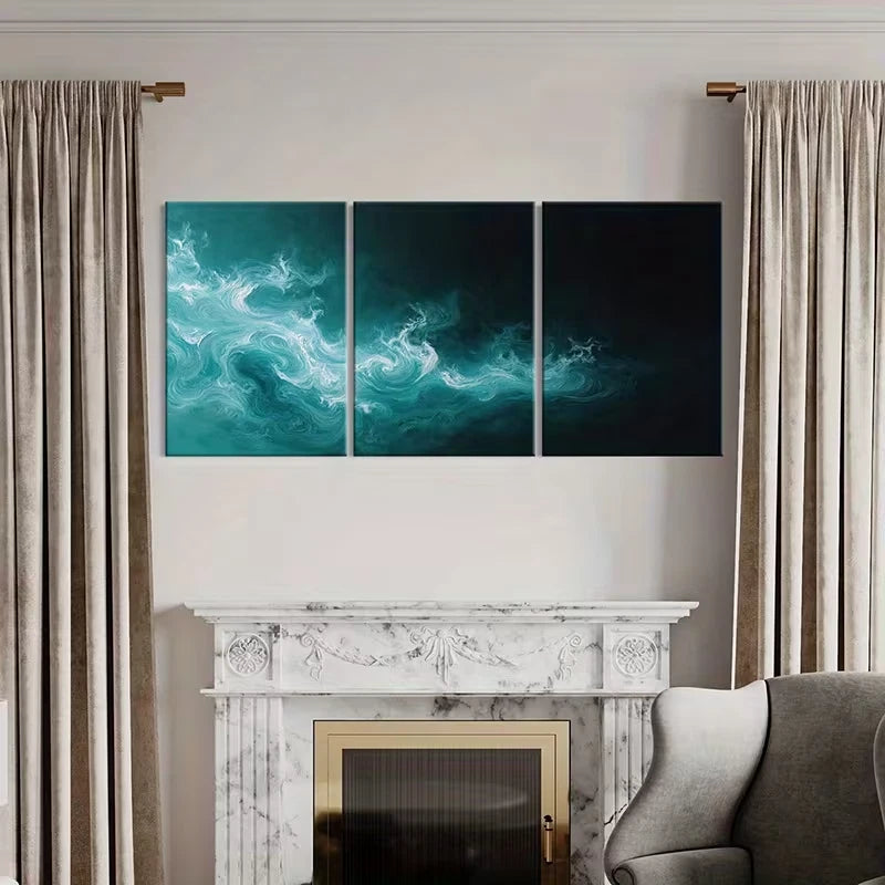 3pcs Abstract Ocean Waves Teal White Swirls  Wall Art Set Canvas Framed 60x90cm - High Quality Print 100% Australian Made Wall Canvas Ready to Hang