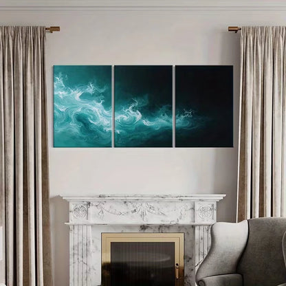 3pcs Abstract Ocean Waves Teal White Swirls  Wall Art Set Canvas Framed 60x90cm - High Quality Print 100% Australian Made Wall Canvas Ready to Hang