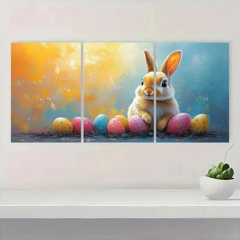 3pcs Vibrant Easter Bunny Colorful Floral & Egg Metal Print Ready to Hang Art