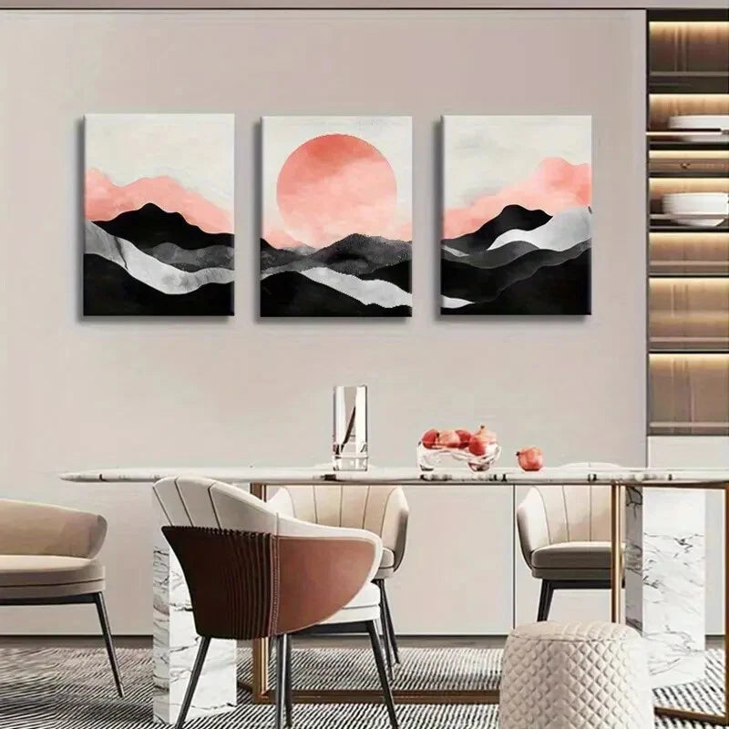 3pcs Abstract Black and White Mountain Pink Metal Print Ready to Hang Art
