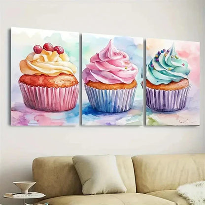 3pcs Watercolor Cupcake Wall Art Set Canvas Unframed - High Quality Print 100% Australian Made Wall Canvas