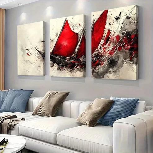 3pcs Abstract Sailing Ship Bold Red Sails Wall Art Set Canvas Unframed - High Quality Print 100% Australian Made Wall Canvas