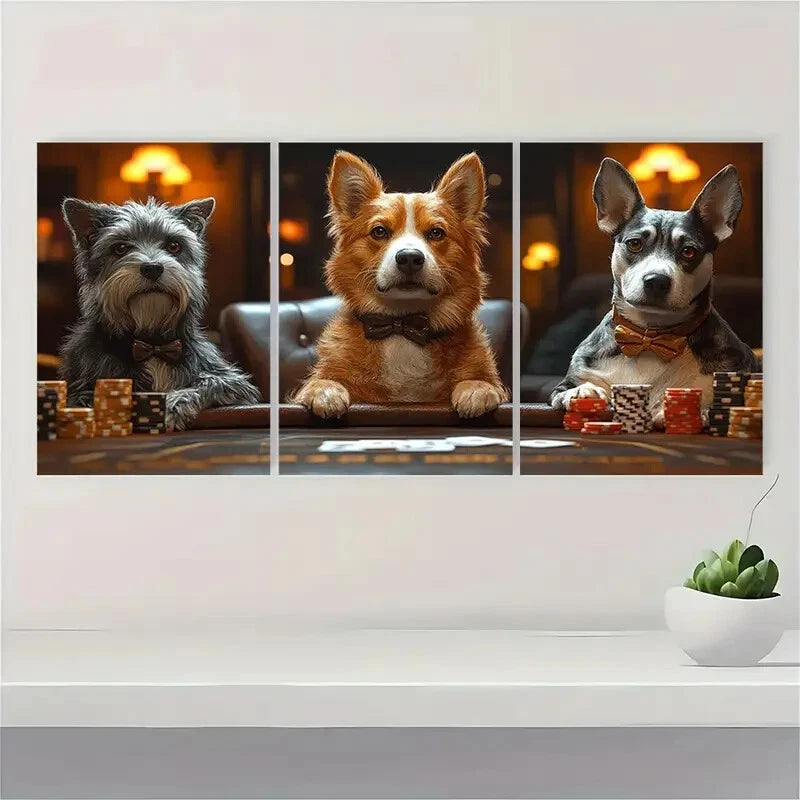 3pcs Dogs Playing Poker Painting Metal Print Ready to Hang Art