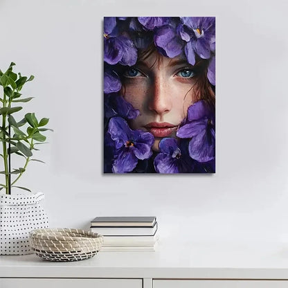 Purple Floral Portrait of Woman with Flowers Painting 40x60cm Metal Print Ready to Hang