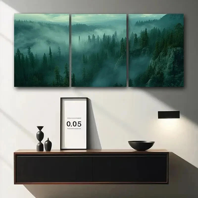 3pcs Foggy Forest Green Themed Metal Print Ready to Hang Art