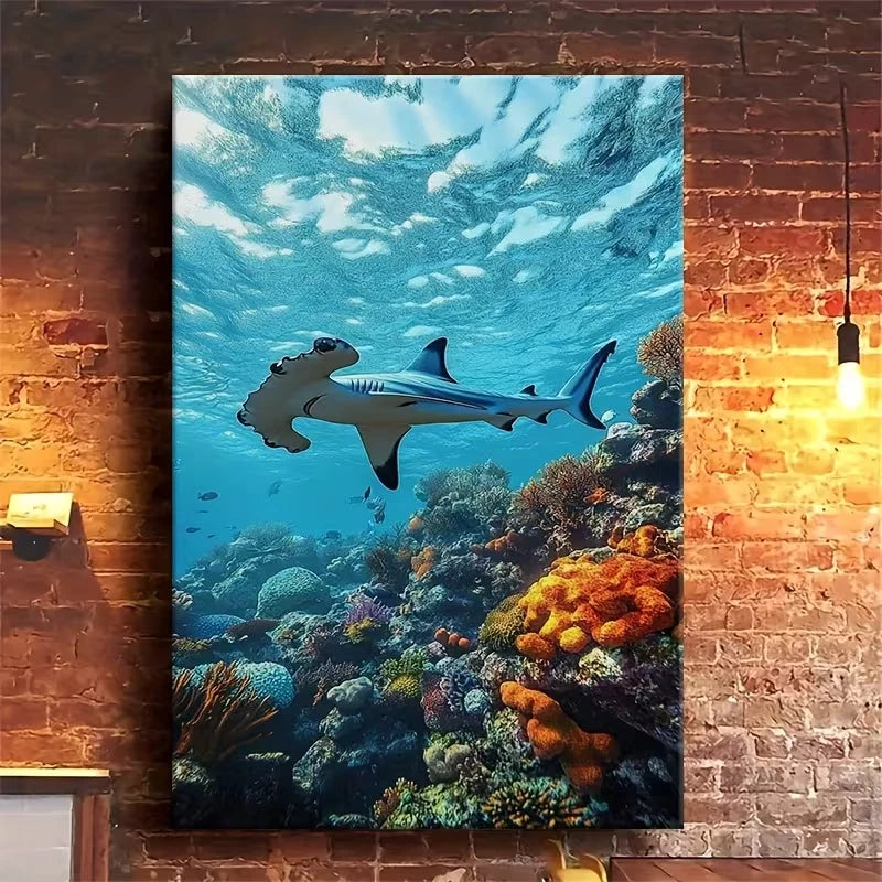 Underwater Reef Shark Oil Painting Metal Print Ready to Hang
